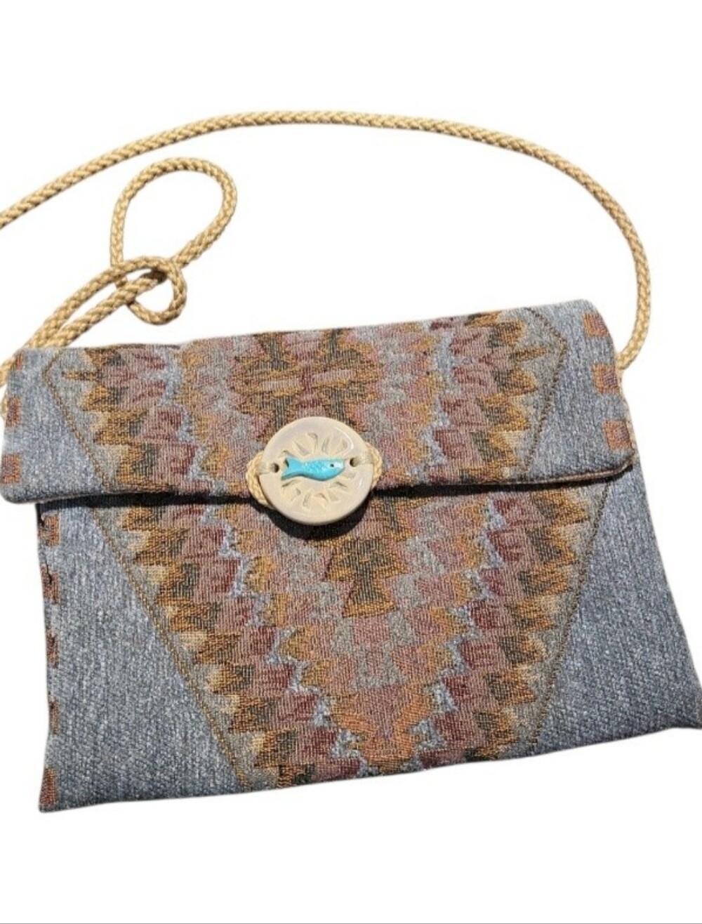Vintage White Doe Santa Fe Kilim Tapestry Purse Creamic Turquoise Fish Closure